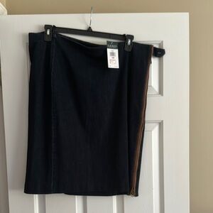 Lauren Ralph Lauren Denim Midi Pencil Skirt with Brown Leather Trim